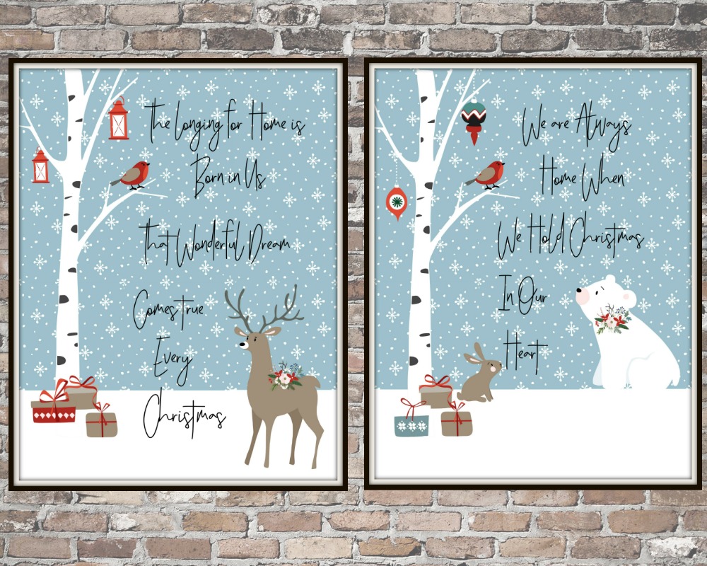 Forest Friends FREE Christmas Printables | blowingawayoutwest.com - Christmas free downloadable set of 8x10 prints with bonus phone digital wallpaper #christmasprintable #christmasdigitalwallpaper #christmasprints #gallerywall