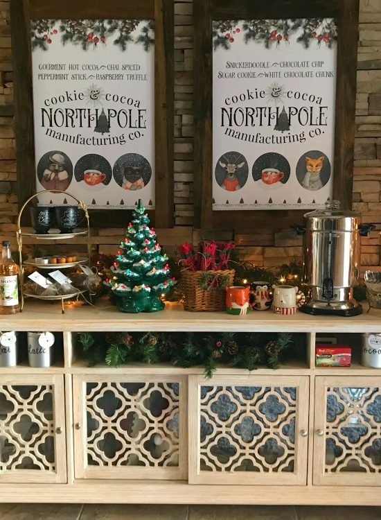 North Pole Hot Cocoa Bar | blowingawayoutwest.com - Hot chocolate bar inspiration, and complete set of printables from the North Pole Cocoa & Cookie Mfg. Co. posters and gift tags #hotcocoabar #hotcocoabarparty #hotchocolatebar #hotchocolatebarwedding #hotcocoabarwedding #northpolehotcocoa #12daysofchristmas #christmasparty