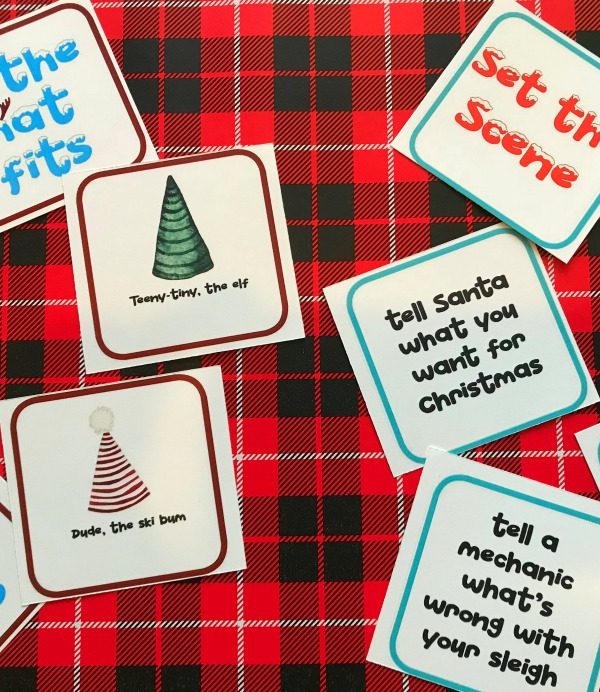 Christmas Party Group Improv Game | blowingawayoutwest.com - "If the Hat Fits," the hilarious party game of Christmas Improv #christmasgamesforparties #christmasprintablegames #christmasgames #freechristmasprintable #christmasgroupgames #christmasgamesforfamilies #12daysofChristmas