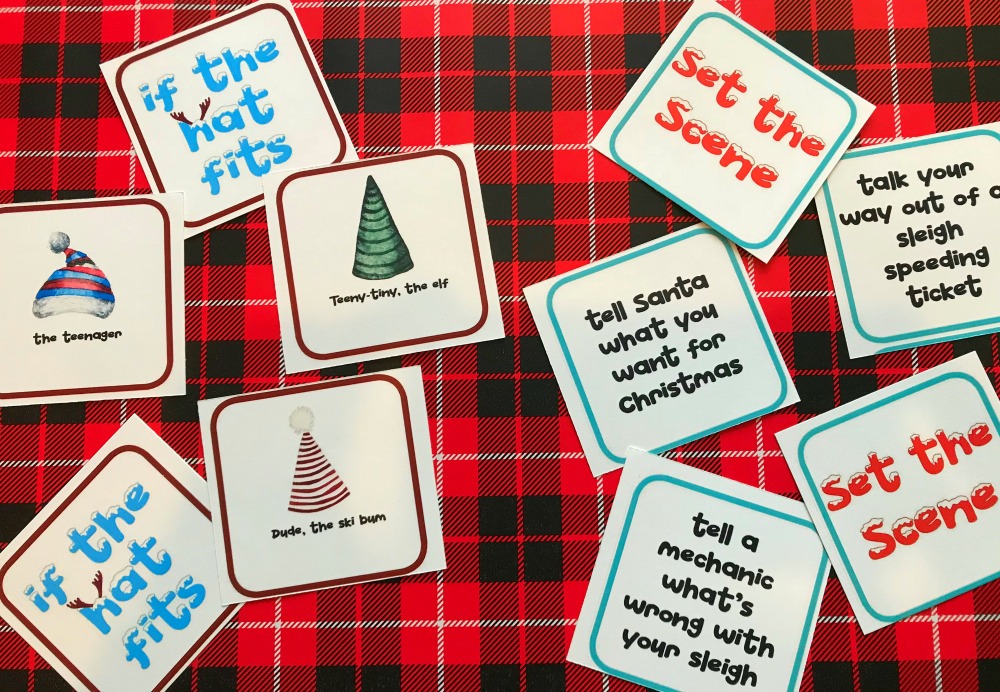 Christmas Party Group Improv Game | blowingawayoutwest.com - "If the Hat Fits," the hilarious party game of Christmas Improv #christmasgamesforparties #christmasprintablegames #christmasgames #freechristmasprintable #christmasgroupgames #christmasgamesforfamilies #12daysofChristmas