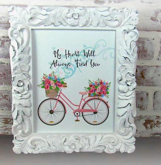 My Heart Will Always Find You: Free Valentine's Day Printable | blowingawayoutwest.com -Beautiful Bicycle & Hearts Framed Printable and Cards #freeprintable #freevalentine #freevalentinesdayprintable #bicycleprintable #bicycleprint #valentinecards