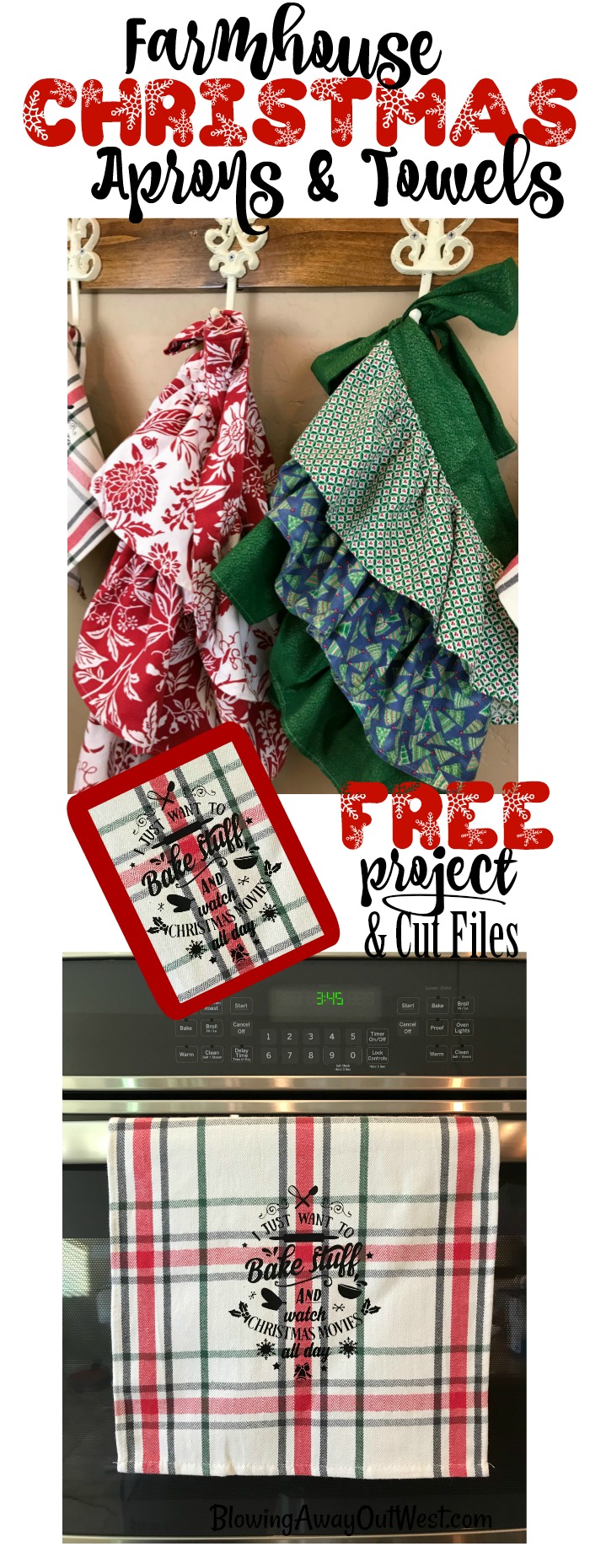 Nostalgic Farmhouse Christmas Aprons & Towels | blowingawayoutwest.com - Tutorial for Farmhouse Christmas (or any occasion) ruffled aprons and fun Christmas towels #holidaybaking #farmhouseapron #Christmasapron #christmastowels #12daysofChristmas