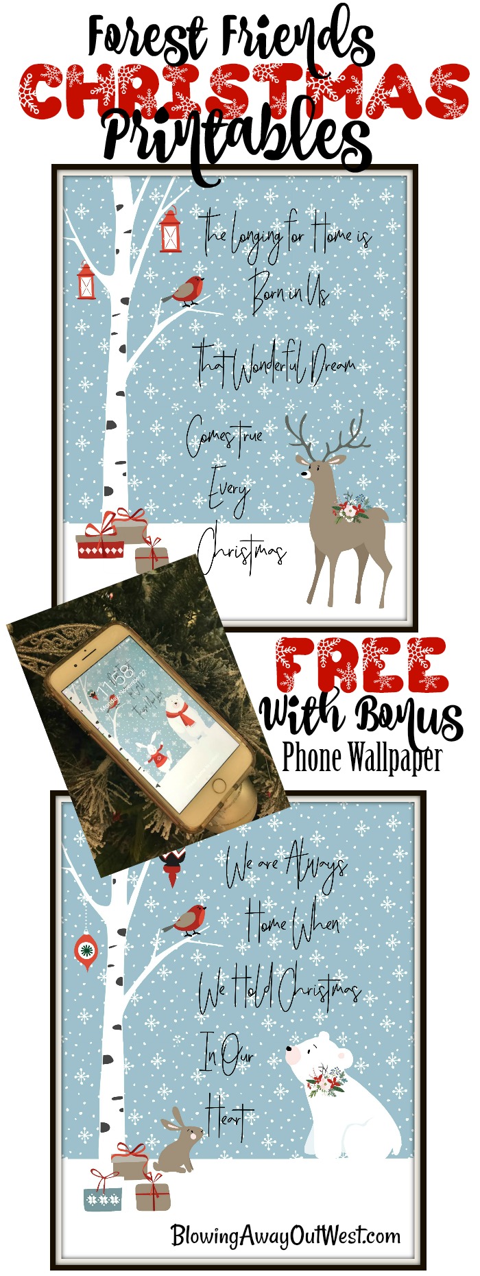 Forest Friends FREE Christmas Printables | blowingawayoutwest.com - Christmas free downloadable set of 8x10 prints with bonus phone digital wallpaper #christmasprintable #christmasdigitalwallpaper #christmasprints #gallerywall