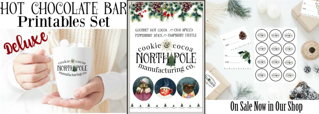 North Pole Cookie & Cocoa Manufacturing Christmas Printables | blowingawayoutwest.com - A Christmas Cocoa Bar and a downloadable set of hot chocolate bar prints with matching gift tags #christmasprintable #hotchocolatebar #cocoabar #christmasprints #gifttags