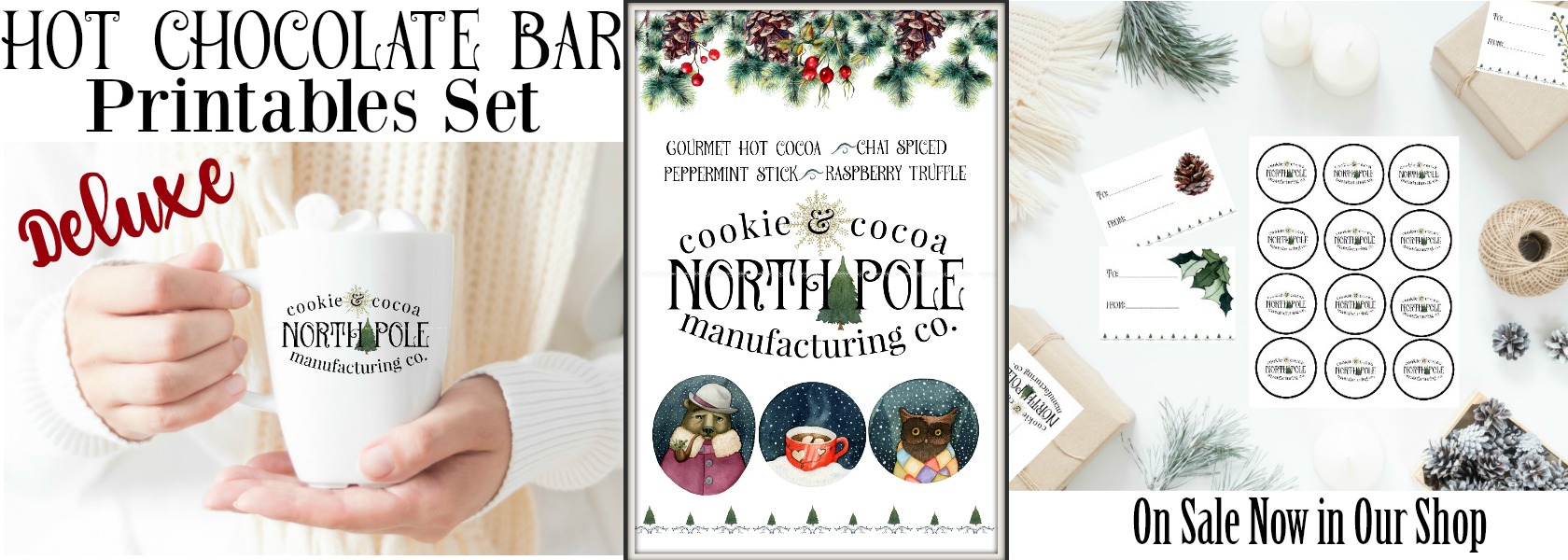 North Pole Cookie & Cocoa Manufacturing Christmas Printables | blowingawayoutwest.com - A Christmas Cocoa Bar and a downloadable set of hot chocolate bar prints with matching gift tags #christmasprintable #hotchocolatebar #cocoabar #christmasprints #gifttags