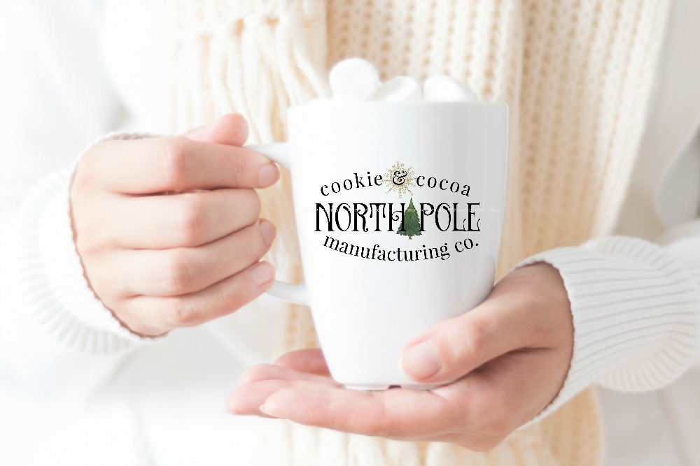 North Pole Cookie & Cocoa Manufacturing Christmas Printables | blowingawayoutwest.com - A Christmas Cocoa Bar and a downloadable set of hot chocolate bar prints with matching gift tags #christmasprintable #hotchocolatebar #cocoabar #christmasprints #gifttags