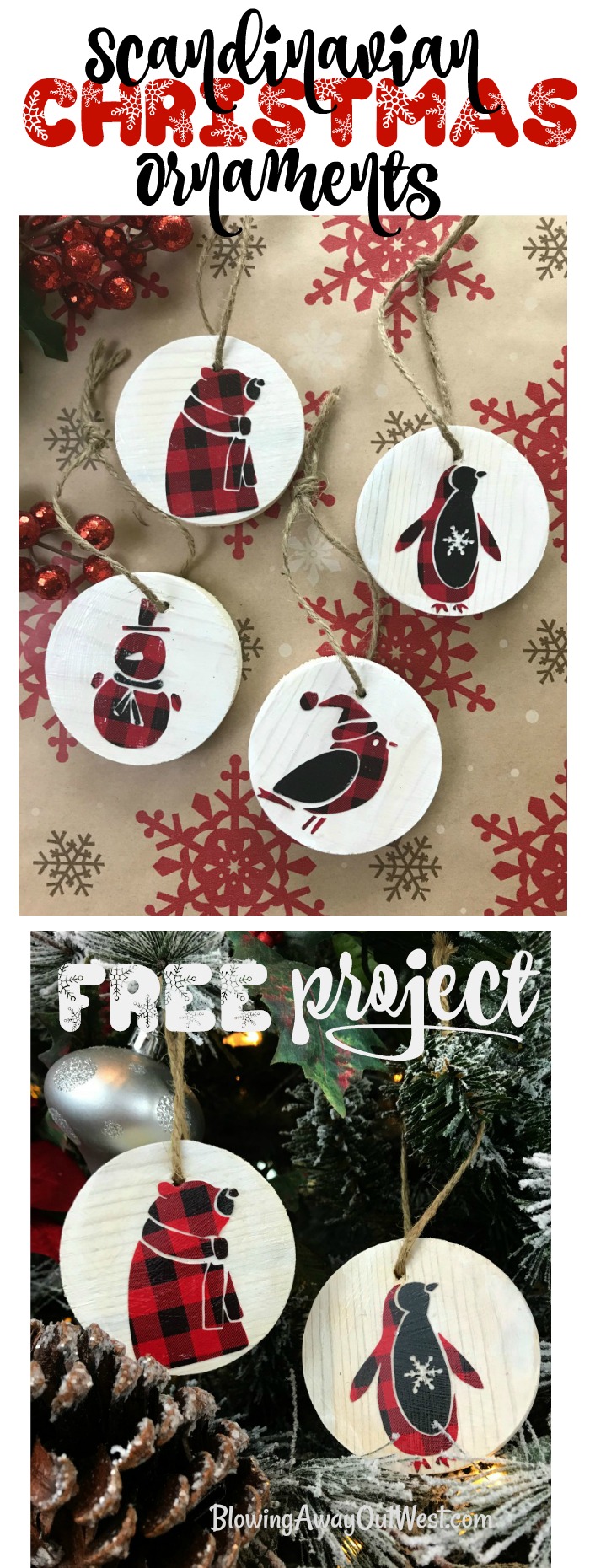 Scandinavian Wood Ornaments : Buffalo Check Ornaments | blowingawayoutwest.com - DIY Buffalo check and wooden Scandinavian Woodland Friends Christmas Tree Ornaments #scandinavianchristmas #christmascraft #buffalocheckchristmastree #buffalocheckchristmas #buffalocheckdiy #diyornaments #12daysofChristmas