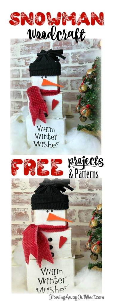 Wood Block Snowman Christmas Craft | blowingawayoutwest.com - The complete tutorial for this adorable Wood Block Snowman who offers Warm Winter Wishes #christmaswoodcraft #woodsnowman #warmwinterwishes #christmascraft #snowmancraft