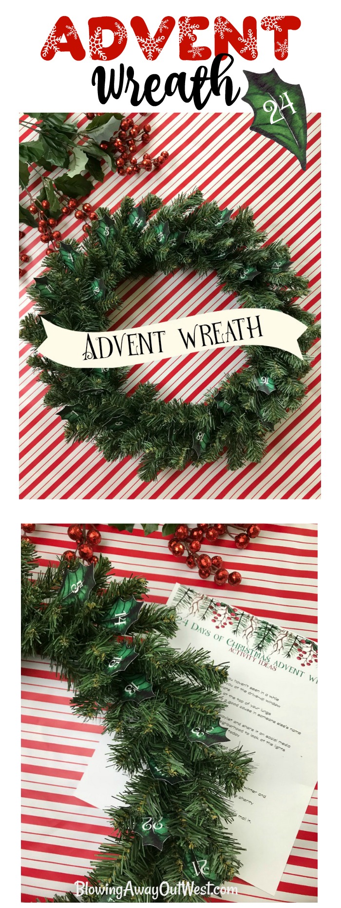 Christmas Advent Calendar Wreath | blowingawayoutwest.com - DIY Christmas Advent Calendar Wreath with Free Project Printables #adventcalendar #christmaswreath #adventcalendarwreath #freechristmasprintable #diywreath #12daysofChristmas