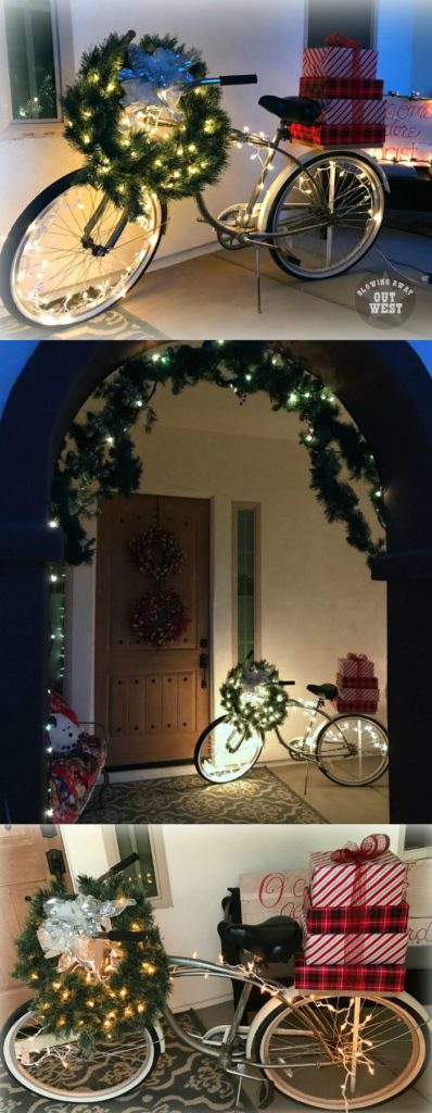 Journey to Christmas Porch Decor | blowingawayoutwest.com - Bicycle inspired Christmas porch decor. #christmasporchdecor #christmasporchdecorations #christmasbicycle #christmasporch #holidayporch #christmasdisplay #12daysofchristmas 