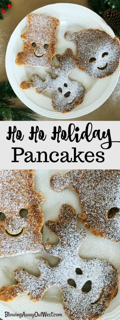 Ho Ho Holiday Pancakes | blowingawayoutwest.com - Molded Christmas Pancakes, perfect for a holiday brunch #christmaspancakes #holidaypancakes #christmaspancakesforkids #christmasmorningbreakfast #12daysofChristmas