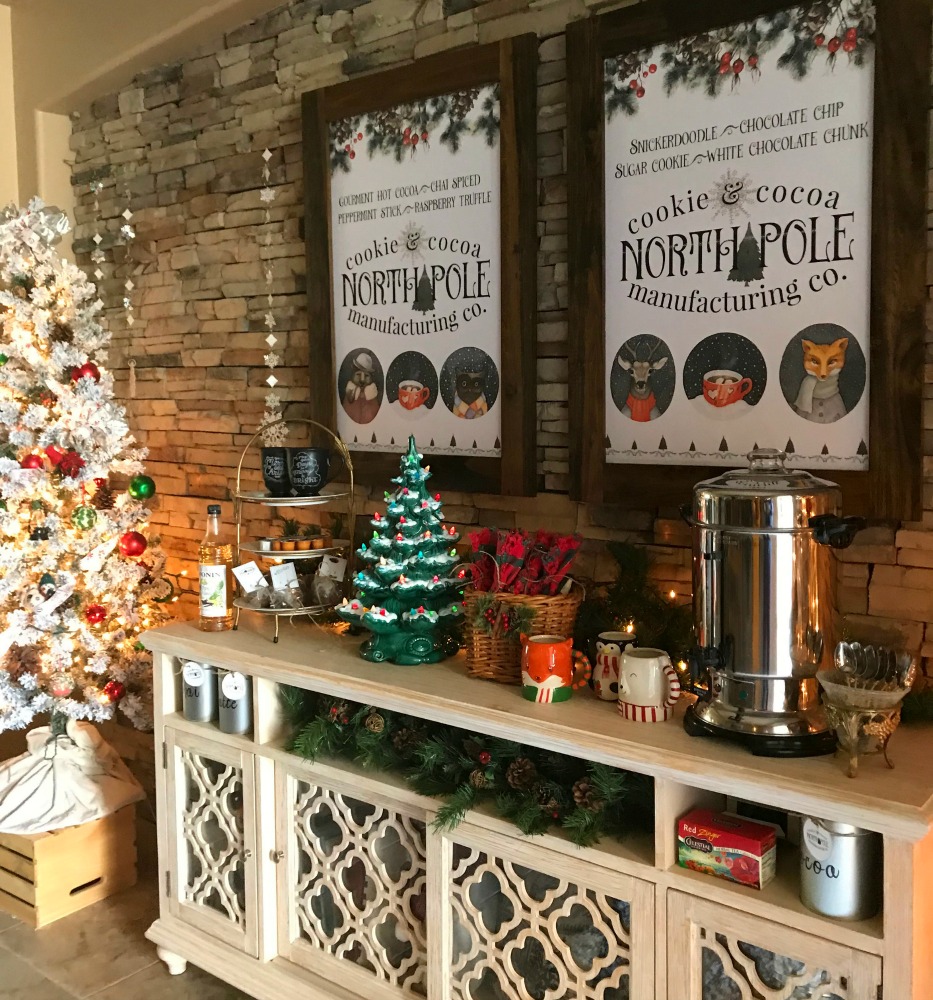 North Pole Hot Cocoa Bar | blowingawayoutwest.com - Hot chocolate bar inspiration, and complete set of printables from the North Pole Cocoa & Cookie Mfg. Co. posters and gift tags #hotcocoabar #hotcocoabarparty #hotchocolatebar #hotchocolatebarwedding #hotcocoabarwedding #northpolehotcocoa #12daysofchristmas #christmasparty