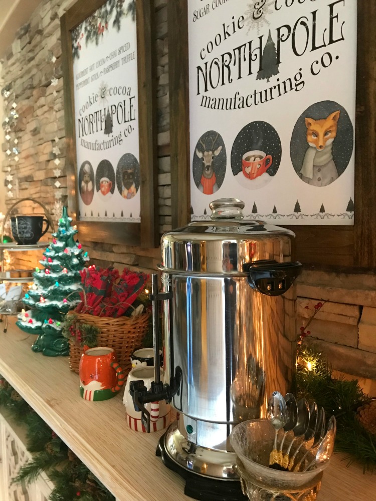 North Pole Hot Cocoa Bar | blowingawayoutwest.com - Hot chocolate bar inspiration, and complete set of printables from the North Pole Cocoa & Cookie Mfg. Co. posters and gift tags #hotcocoabar #hotcocoabarparty #hotchocolatebar #hotchocolatebarwedding #hotcocoabarwedding #northpolehotcocoa #12daysofchristmas #christmasparty