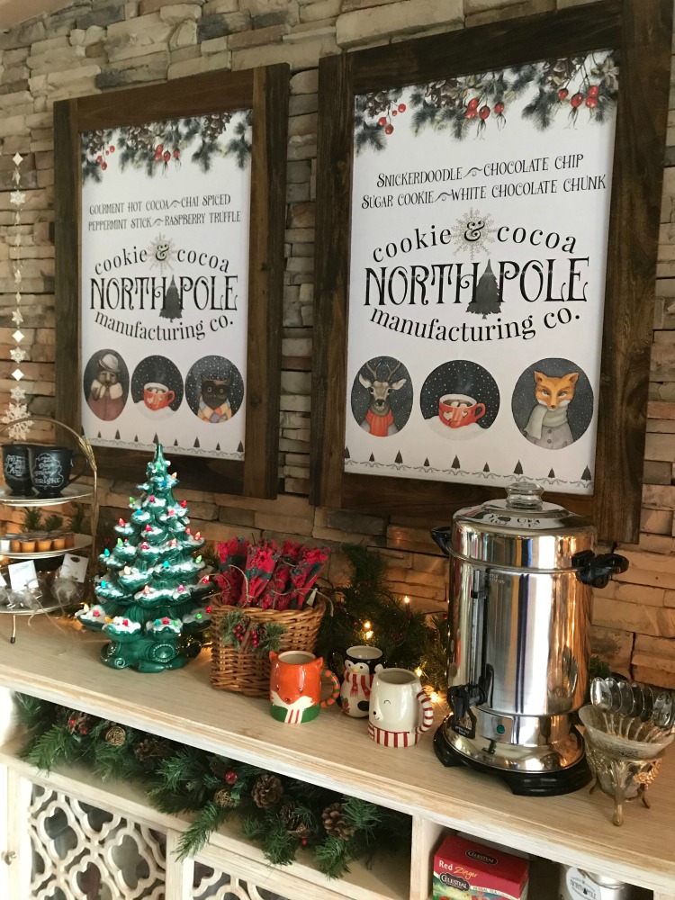 North Pole Hot Cocoa Bar | blowingawayoutwest.com - Hot chocolate bar inspiration, and complete set of printables from the North Pole Cocoa & Cookie Mfg. Co. posters and gift tags #hotcocoabar #hotcocoabarparty #hotchocolatebar #hotchocolatebarwedding #hotcocoabarwedding #northpolehotcocoa #12daysofchristmas #christmasparty