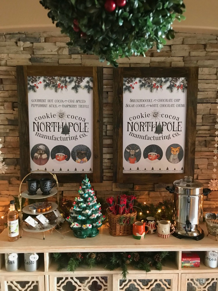 North Pole Hot Cocoa Bar | blowingawayoutwest.com - Hot chocolate bar inspiration, and complete set of printables from the North Pole Cocoa & Cookie Mfg. Co. posters and gift tags #hotcocoabar #hotcocoabarparty #hotchocolatebar #hotchocolatebarwedding #hotcocoabarwedding #northpolehotcocoa #12daysofchristmas #christmasparty
