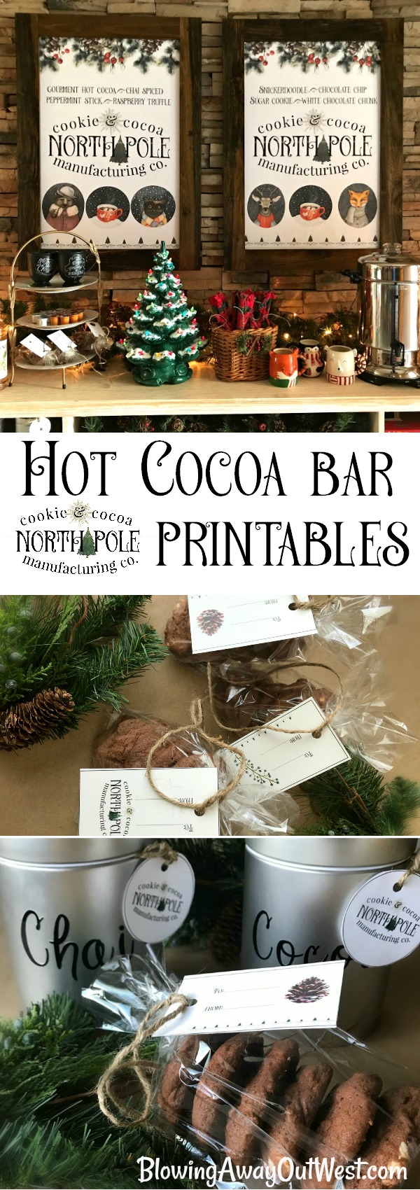 North Pole Hot Cocoa Bar | blowingawayoutwest.com - Hot chocolate bar inspiration, and complete set of printables from the North Pole Cocoa & Cookie Mfg. Co. posters and gift tags #hotcocoabar #hotcocoabarparty #hotchocolatebar #hotchocolatebarwedding #hotcocoabarwedding #northpolehotcocoa #12daysofchristmas #christmasparty