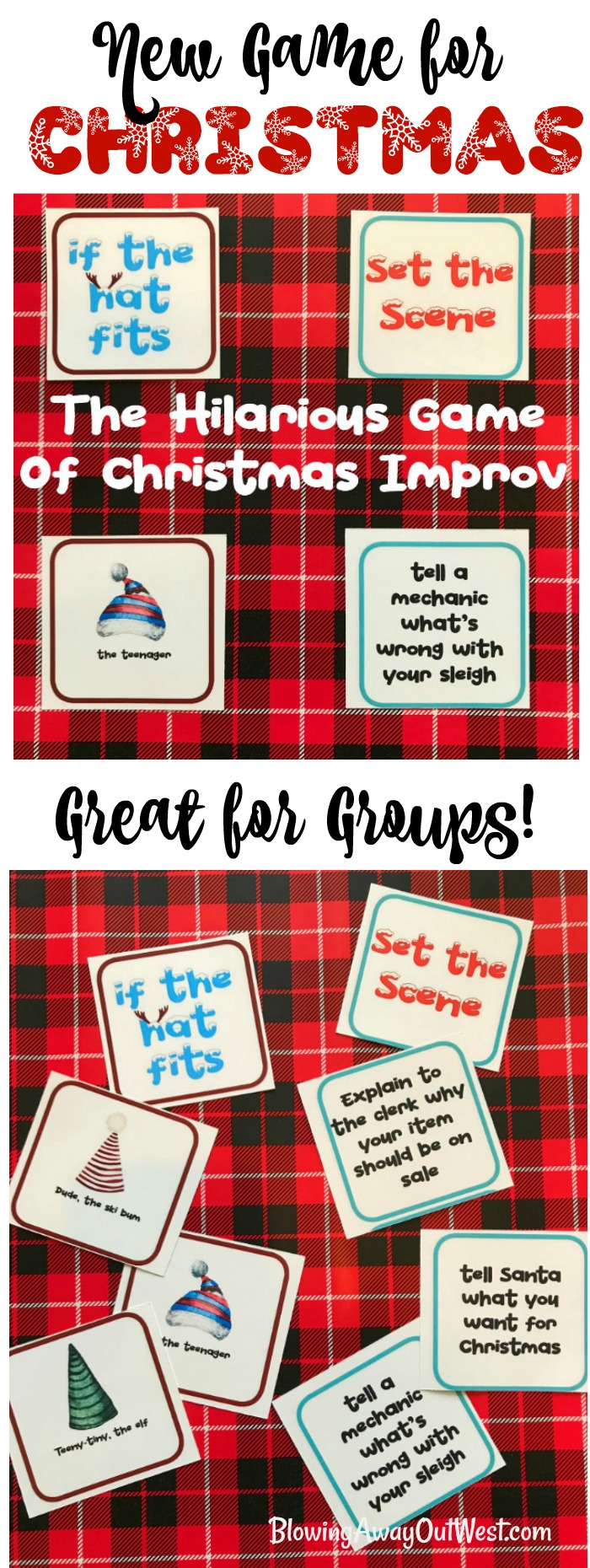 Christmas Party Group Improv Game | blowingawayoutwest.com - "If the Hat Fits," the hilarious party game of Christmas Improv #christmasgamesforparties #christmasprintablegames #christmasgames #freechristmasprintable #christmasgroupgames #christmasgamesforfamilies #12daysofChristmas