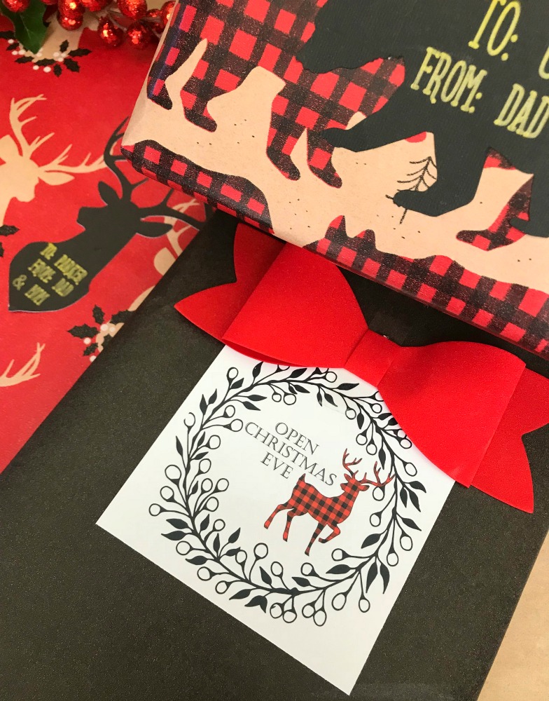 Buffalo Check Gift Wrapping Ideas: Free reindeer printable gift tags | blowingawayoutwest.com - Easy Cricut project to make customized tags. #christmasprintable #freechristmasgifttags #christmaswrapping #buffalocheckchristmas #customgifttags