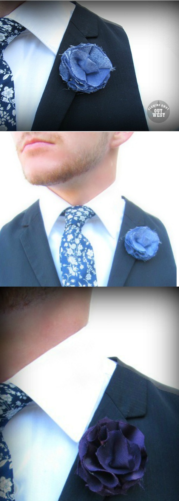 Fabric Flower Boutonnieres & Faux Leather Steampunk Lapel Pins | blowingawayoutwest.com - Fabric Flower Boutonnieres & Faux Leather Steampunk Lapel Pins Tutorial #steampunkboutonnieres #fabricflowerboutonnieres #weddingboutonnieres #steampunklapelpin #lapelpin #fauxleatherflower