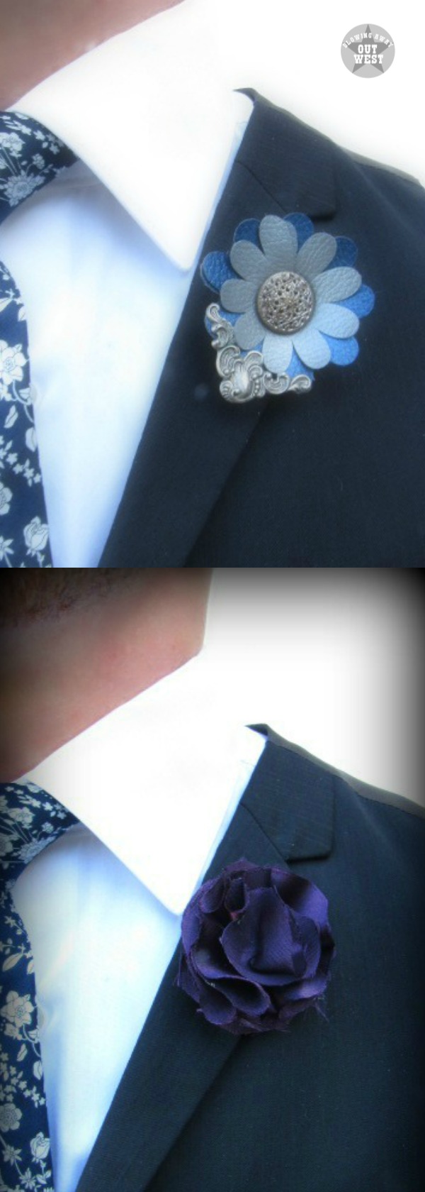 Fabric Flower Boutonnieres & Faux Leather Steampunk Lapel Pins | blowingawayoutwest.com - Fabric Flower Boutonnieres & Faux Leather Steampunk Lapel Pins Tutorial #steampunkboutonnieres #fabricflowerboutonnieres #weddingboutonnieres #steampunklapelpin #lapelpin #fauxleatherflower