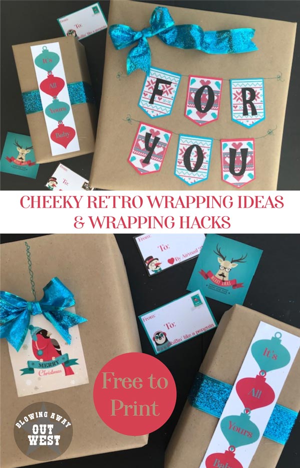 Cheeky Retro Christmas Wrapping Ideas and Wrapping Hacks | blowingawayoutwest.com - Christmas Wrapping Ideas and Hacks with Free Printable Tags #christmaswrappingideas #christmaswrapping #christmasgiftwrap#christmasretro#christmascheeky #freechristmastags #freechristmasprintables #12daysofChristmas #deckthehome #deckthehomebloghop #wrappinghacks #giftwrappinghacks